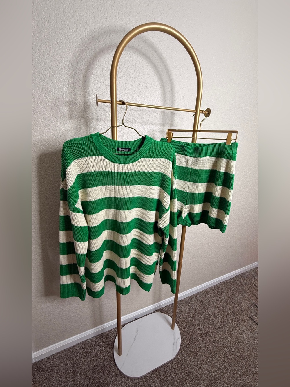 Green and Cream Striped Knit Set